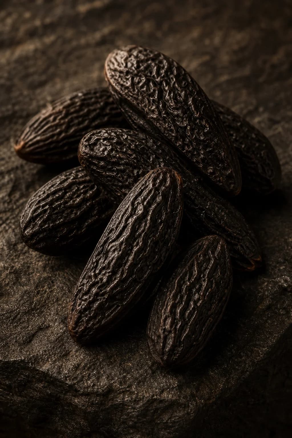 Textured dark tonka beans in warm amber light