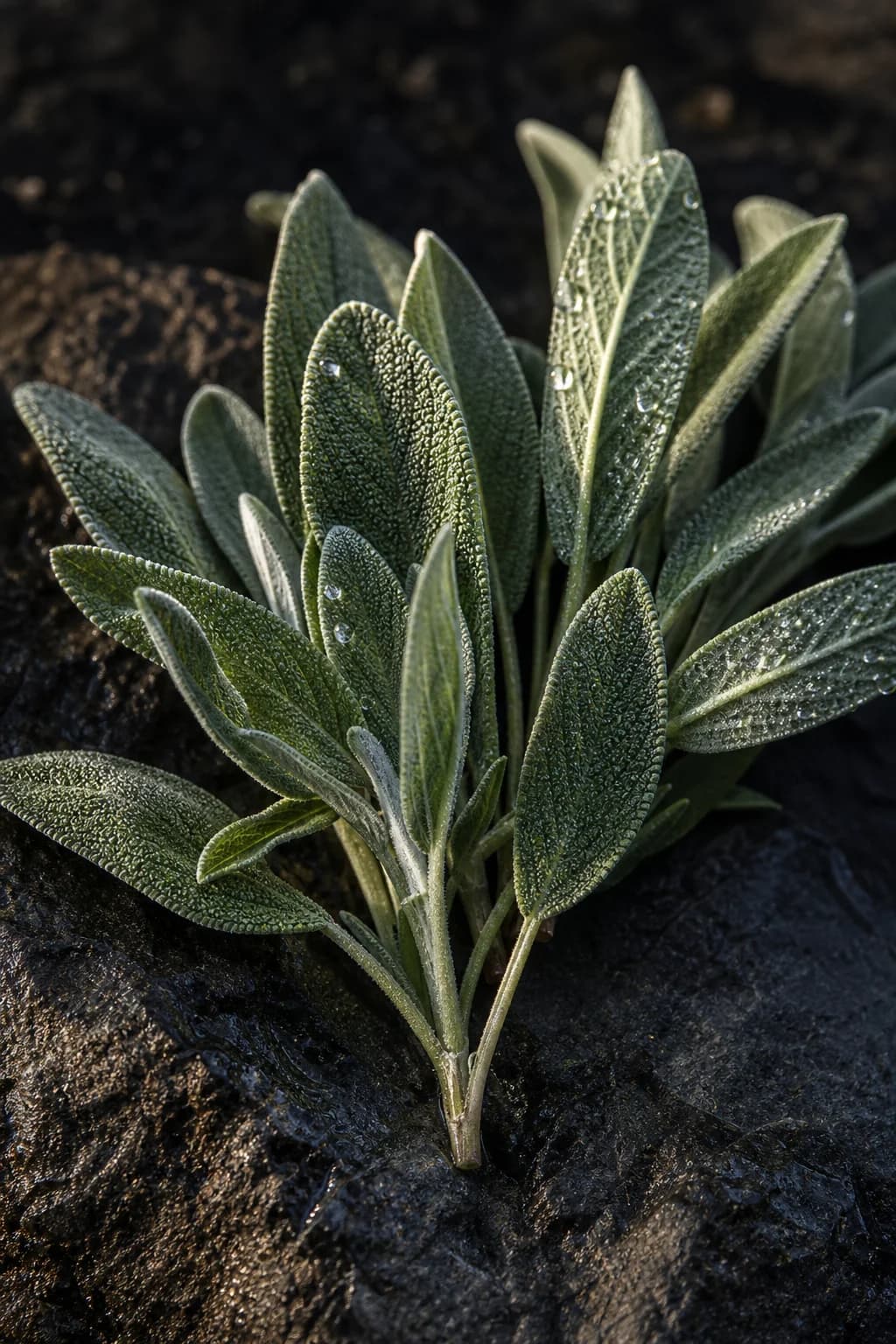 Silver-green sage leaves on dark stone