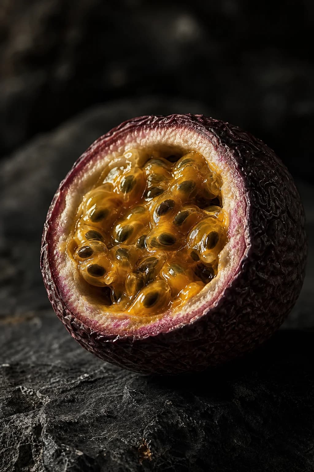 Golden passionfruit pulp inside a dark purple shell
