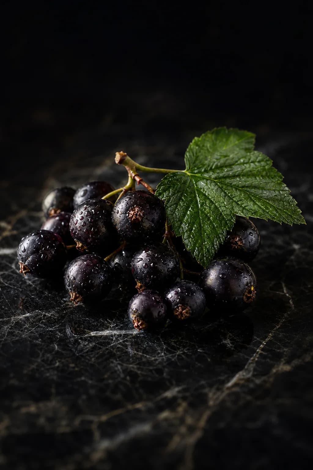Ripe blackcurrants on a twig with a textured leaf