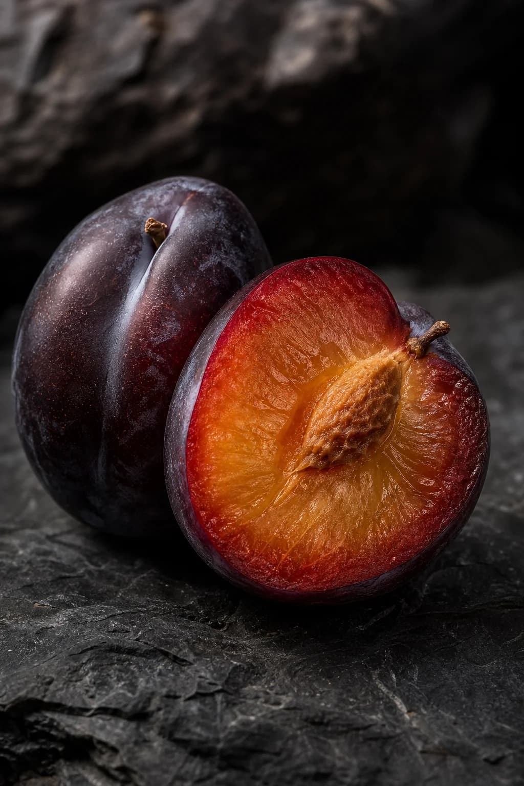 Deep purple plum and amber-red cut flesh on basalt