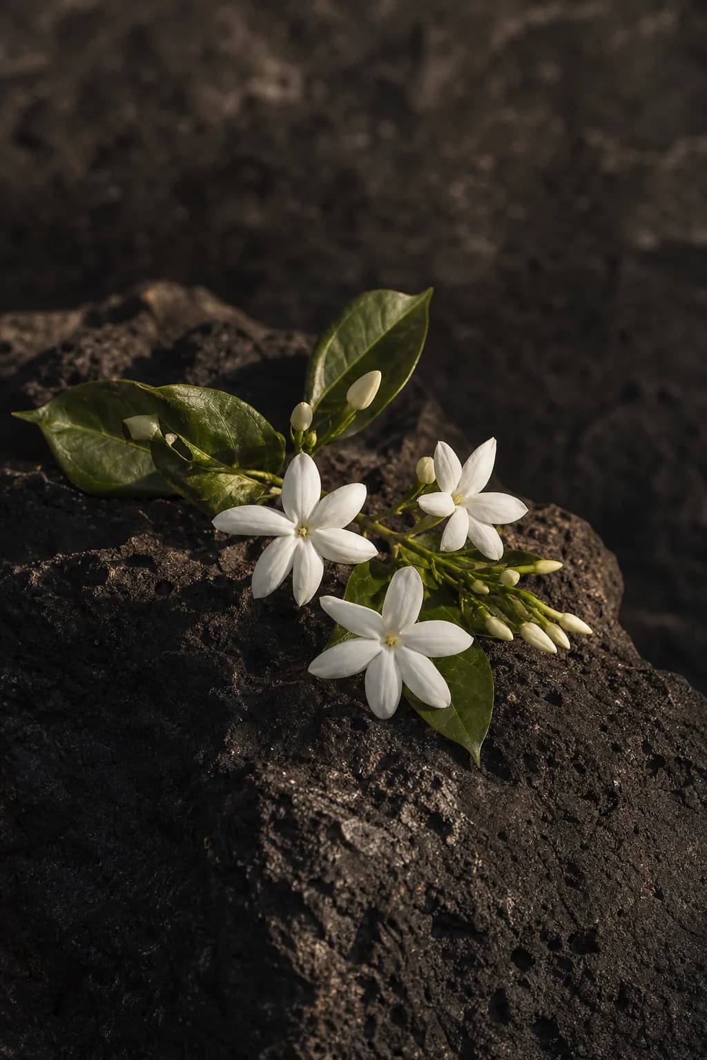White jasmine blossoms on dark basalt in warm side light