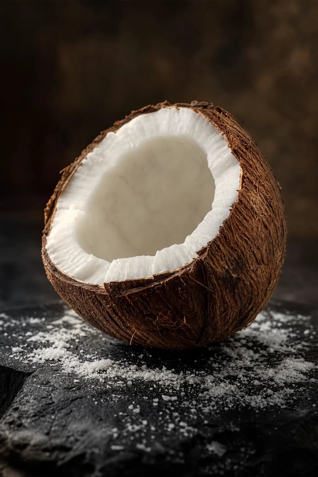 Coconut flesh and powder against a dark textured shell