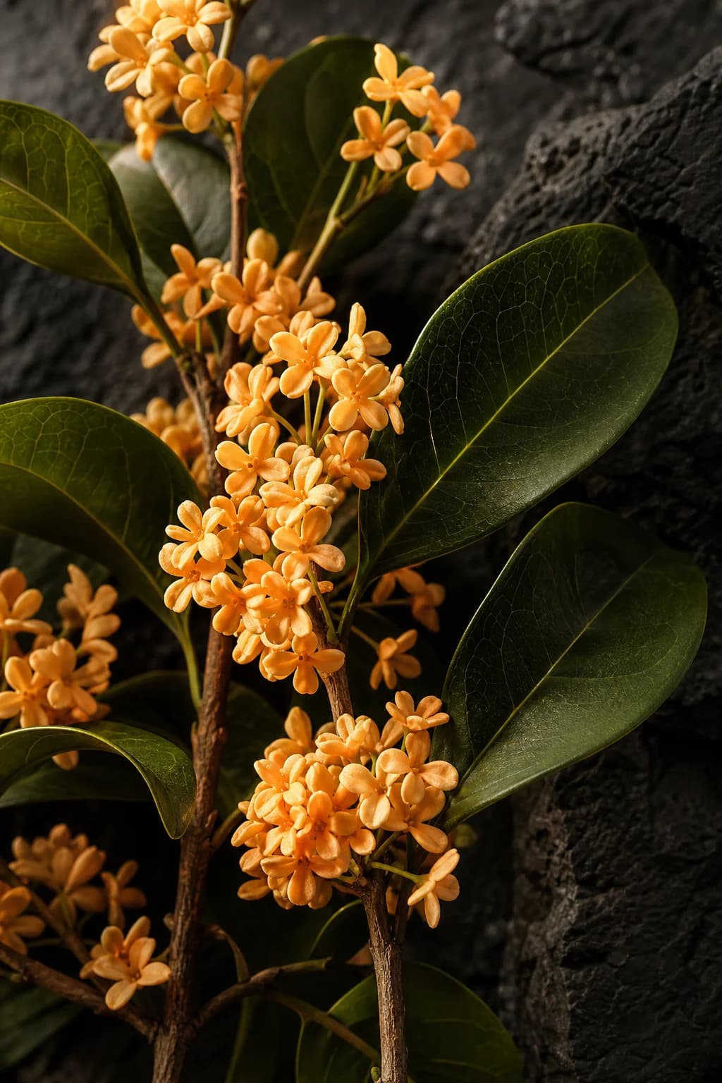 Tiny apricot-coloured osmanthus blossoms and glossy leaves