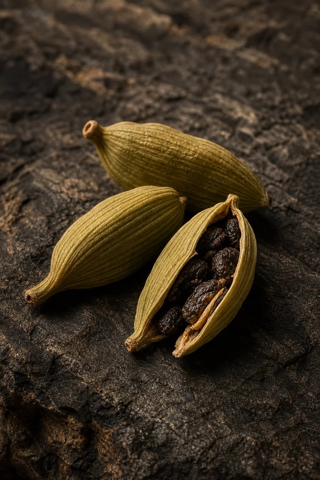 Green cardamom pods with exposed dark seeds
