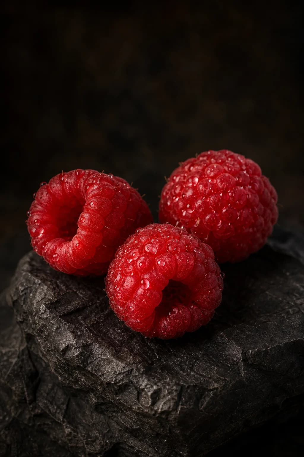 Deep red raspberries with fine dew on charcoal stone