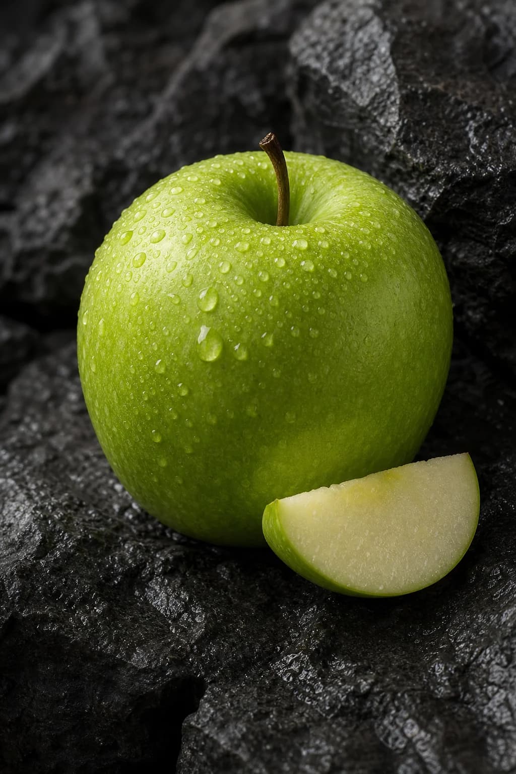 Green apple and a pale cut wedge in warm side light