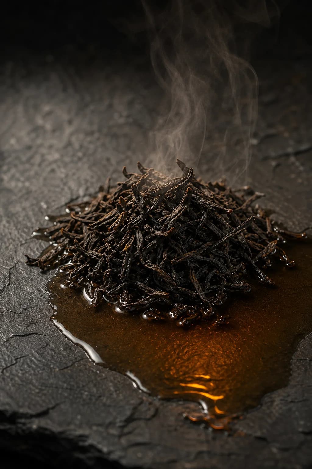 Loose dark black tea leaves on a warm ivory surface