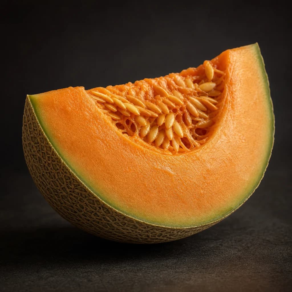 Cut melon with orange flesh and netted rind