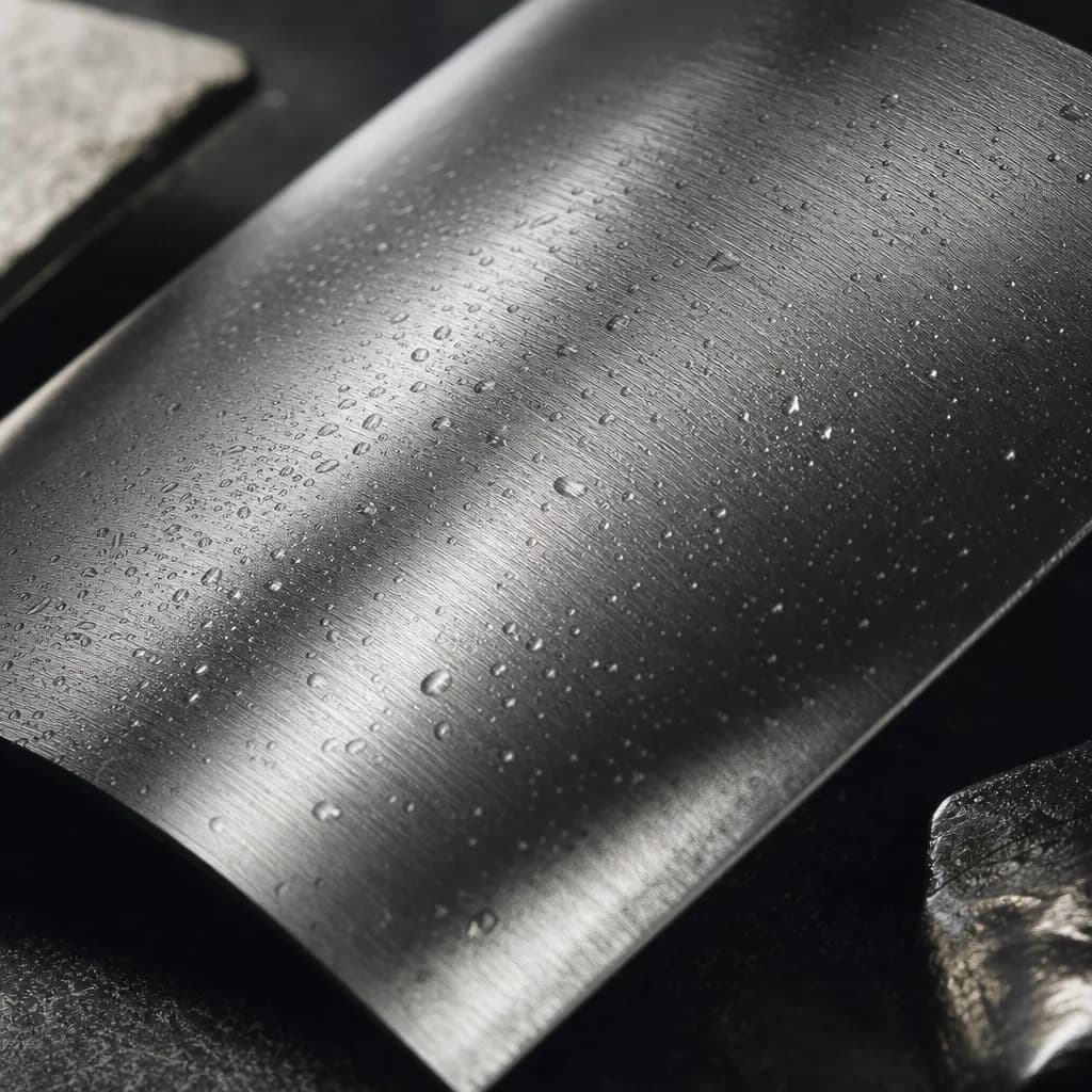 Brushed silver with cool condensation and controlled reflections, evoking a metallic accord