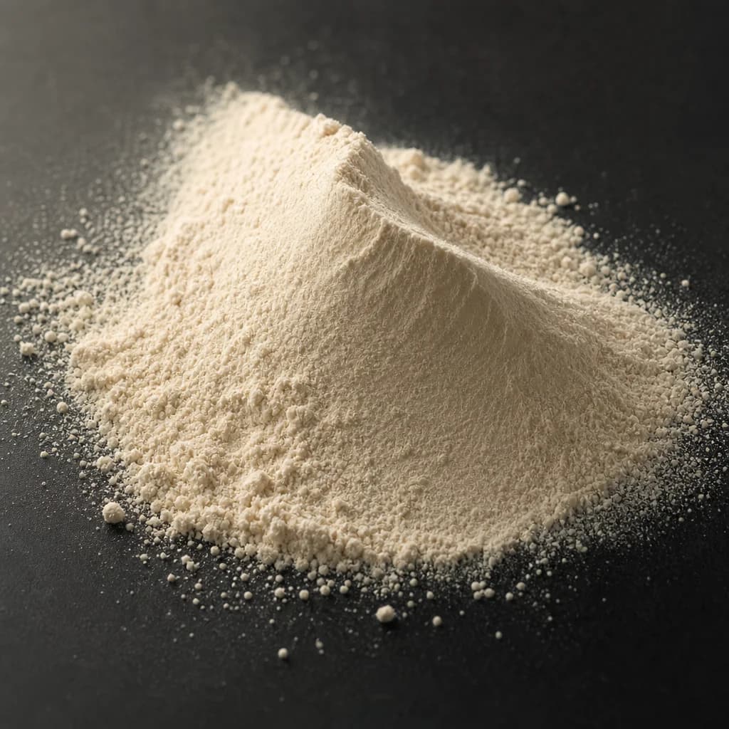 Soft ivory cosmetic powder in diffused side light, evoking a powdery scent character