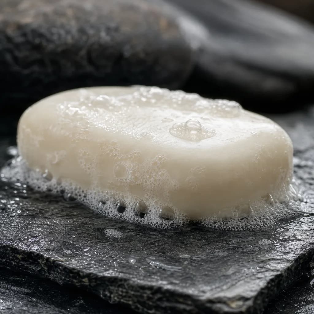 Ivory soap and delicate lather on wet charcoal stone, evoking a soapy scent character