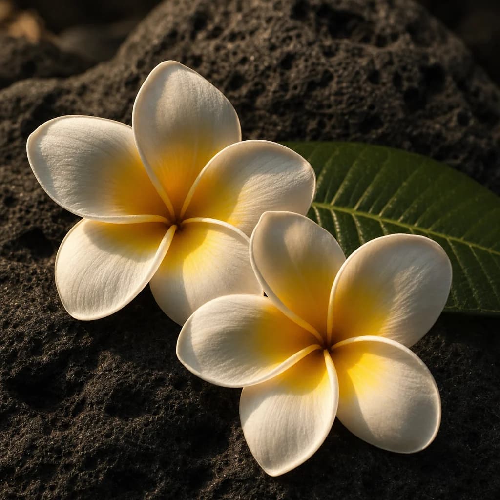 White frangipani flowers with golden centres on dark stone