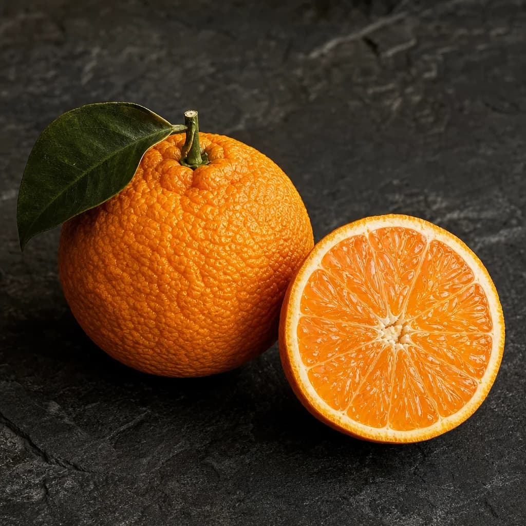 Whole and sliced bitter orange with textured peel on dark stone