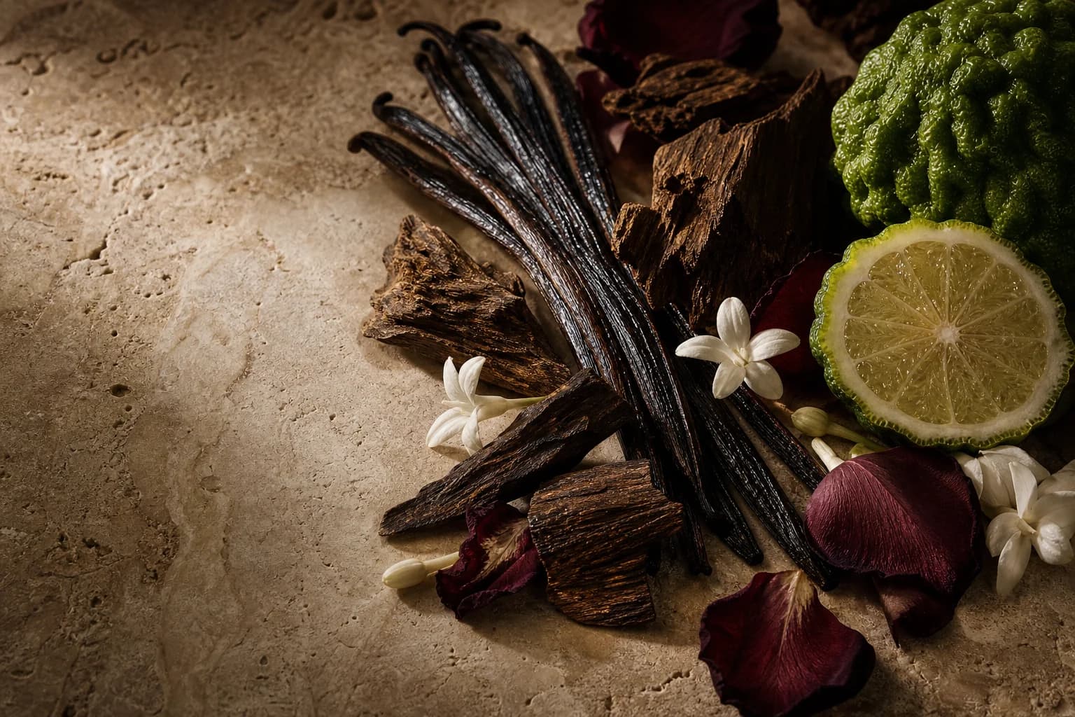 Vanilla pods, agarwood, bergamot and delicate flowers arranged on warm limestone
