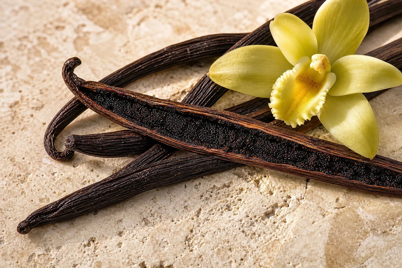Split dark vanilla pods and a pale vanilla orchid on warm ivory stone