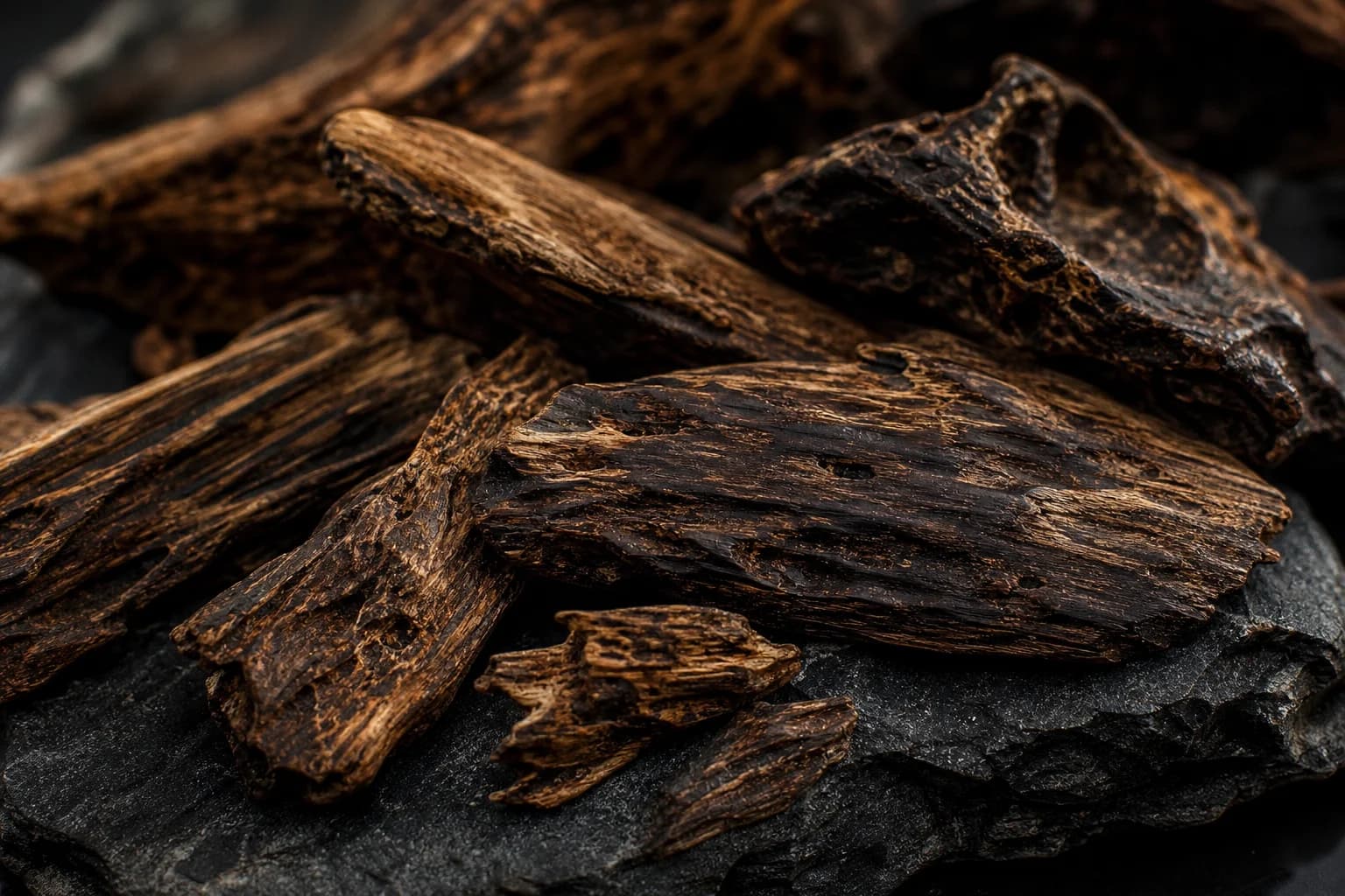 Dark resin-veined agarwood chips illuminated against charcoal stone