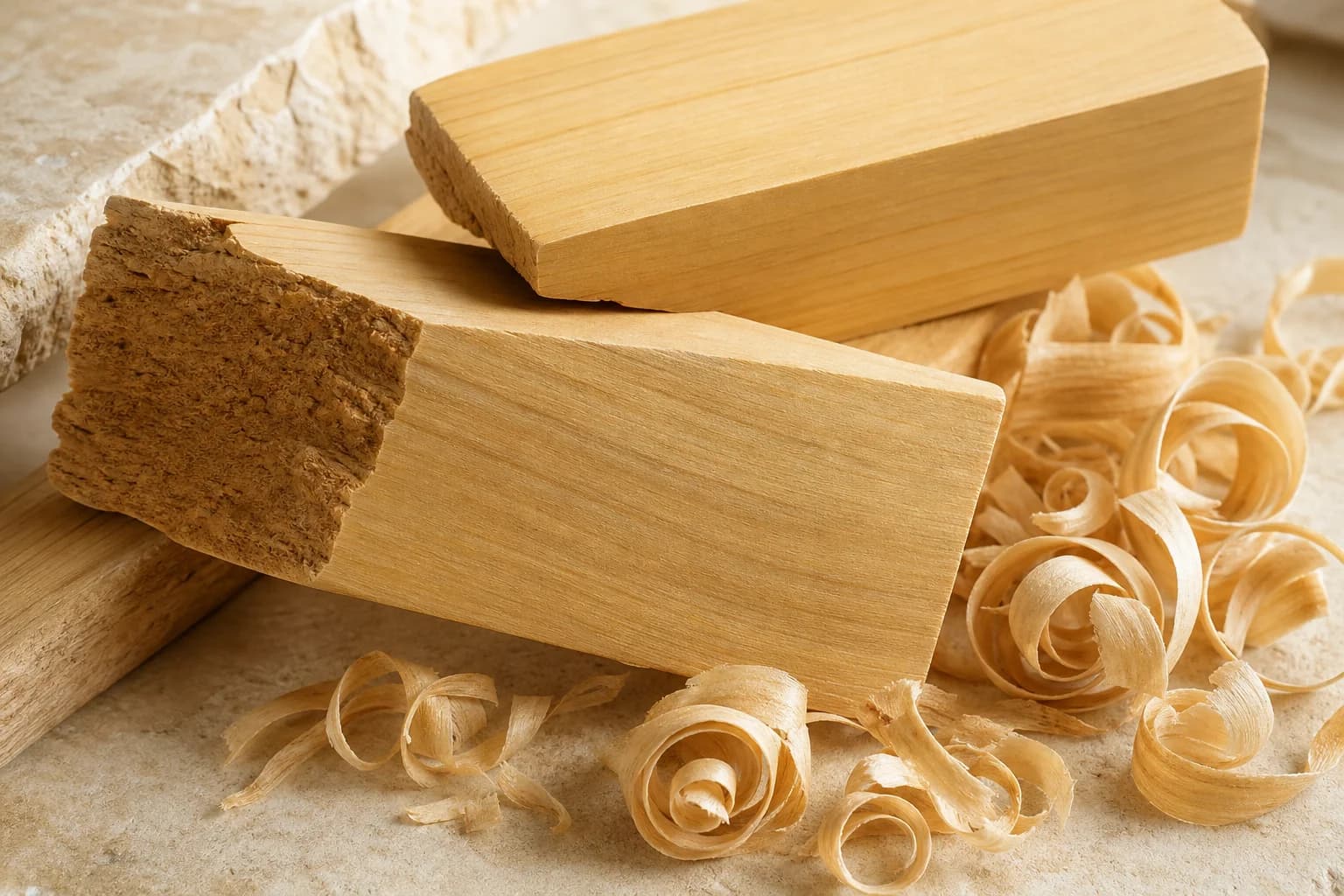 Pale golden sandalwood pieces and fine shavings on warm limestone