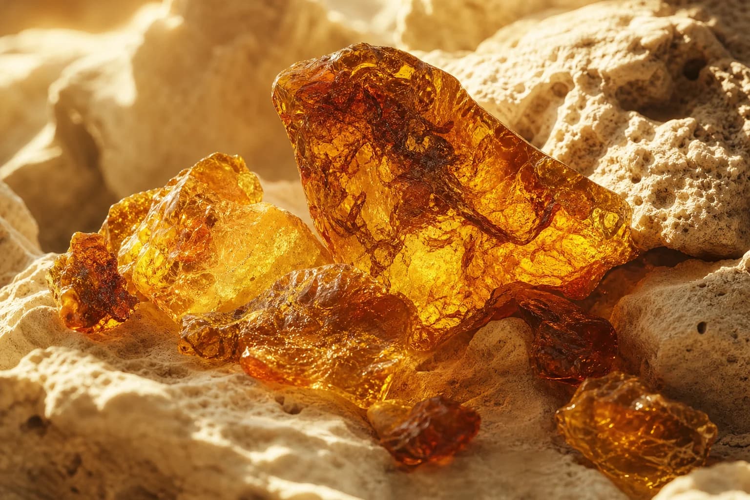 Golden resin-like forms in warm light, an artistic interpretation of an amber perfume accord