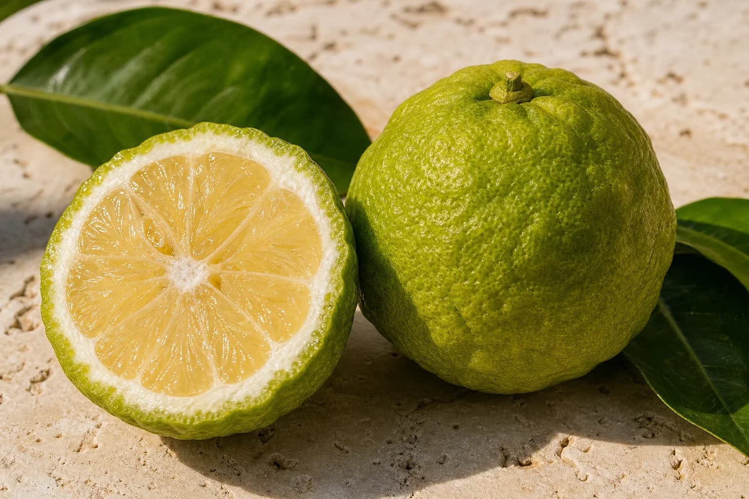 Green-yellow bergamot fruit, a cut half and glossy leaves on ivory stone