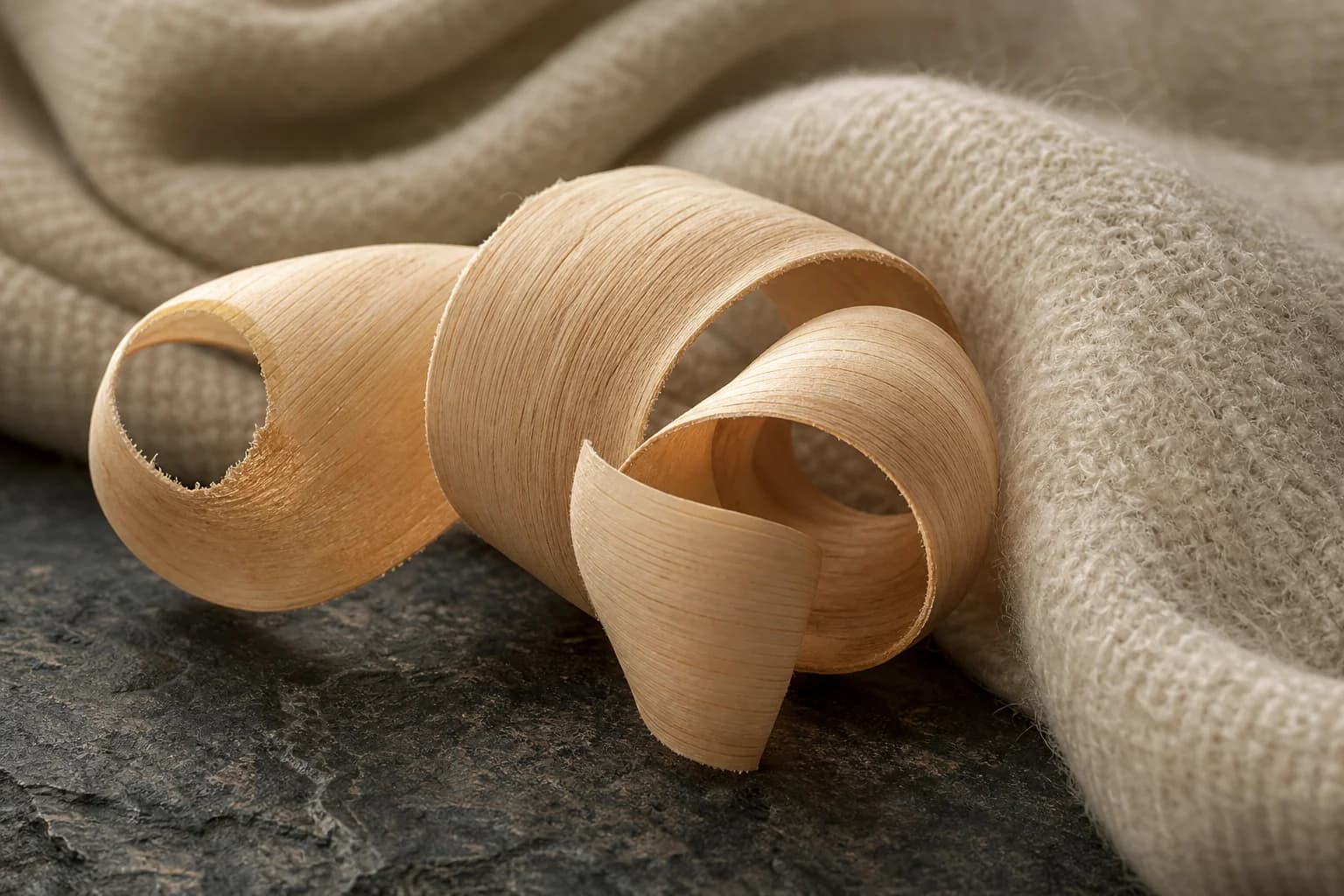 Pale wood curl and oatmeal textile, a cashmere wood accord illustration