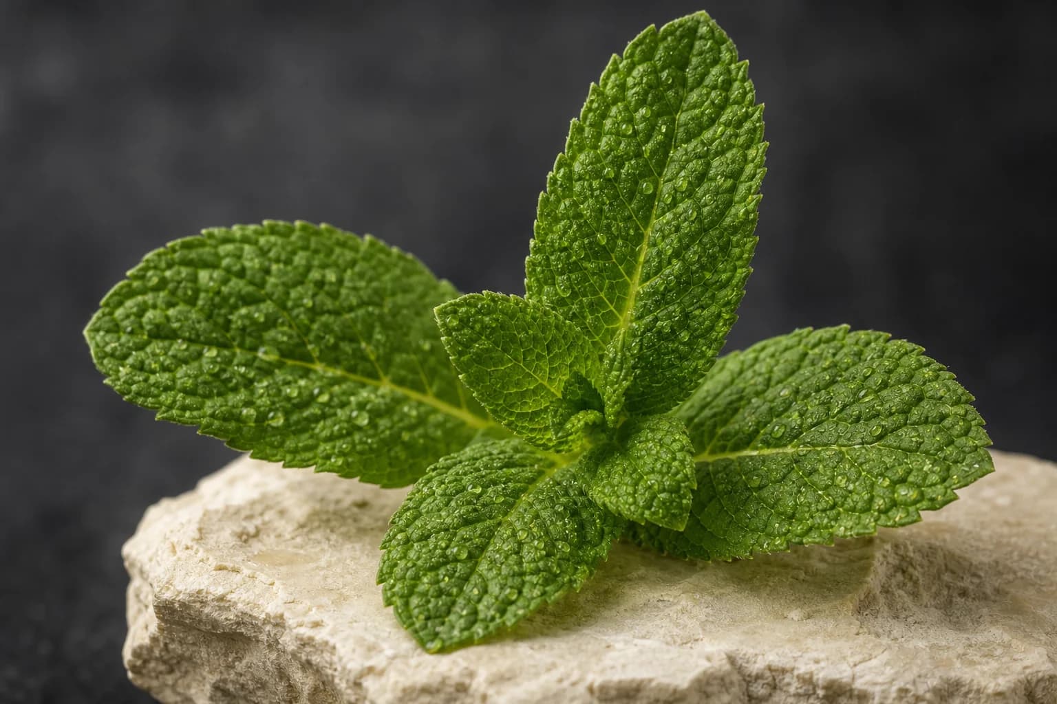 Fresh mint leaves with fine dew on ivory limestone