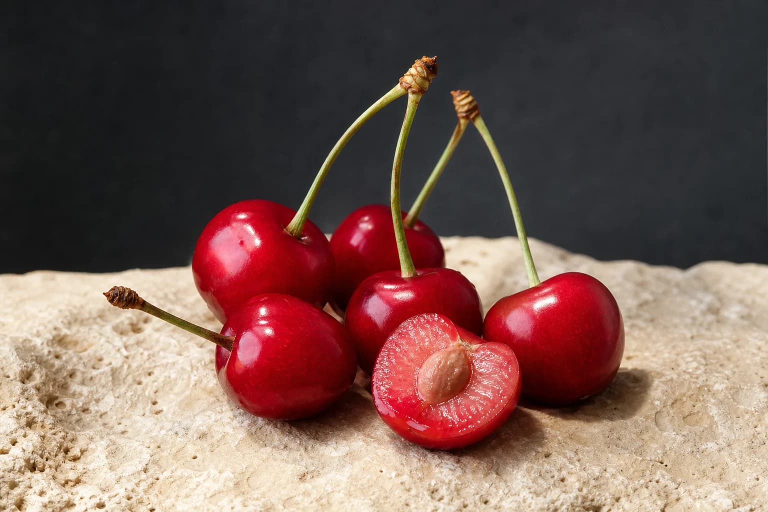 Ruby-red sour cherries with a cut fruit showing its stone