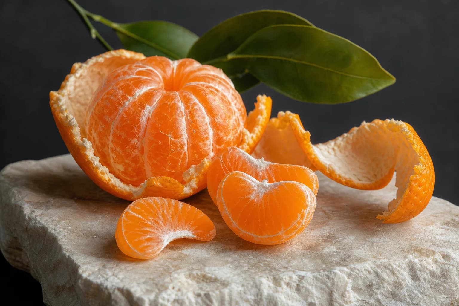 Mandarin segments and delicate curling peel on warm limestone