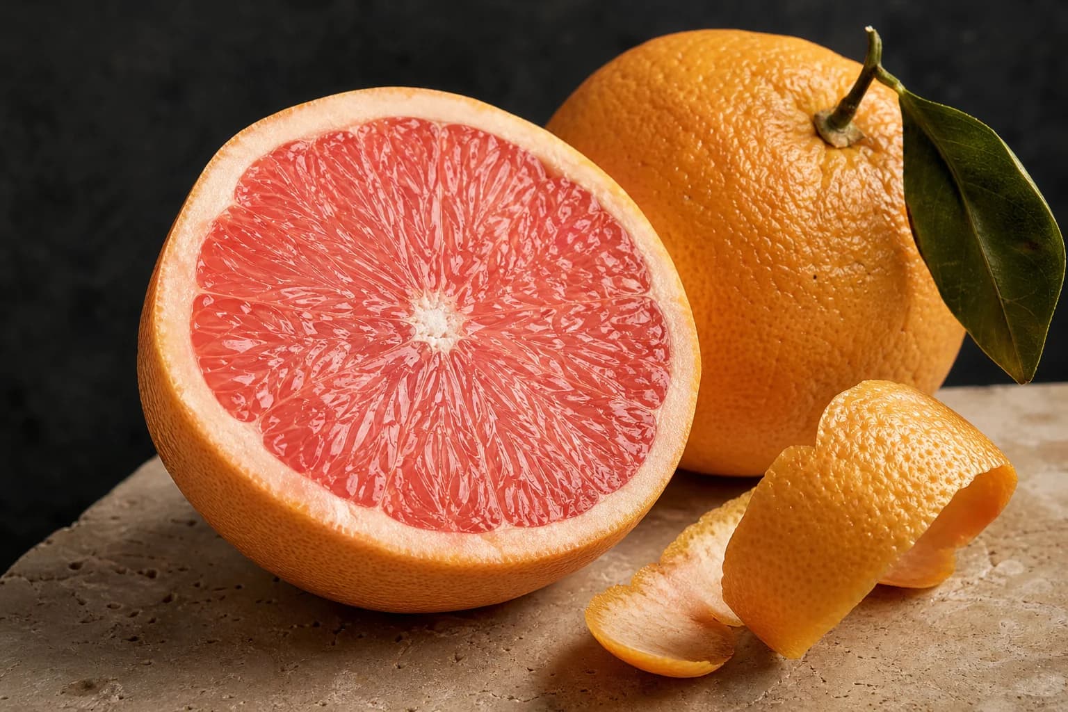 Pink grapefruit cut flesh and textured rind in warm natural light
