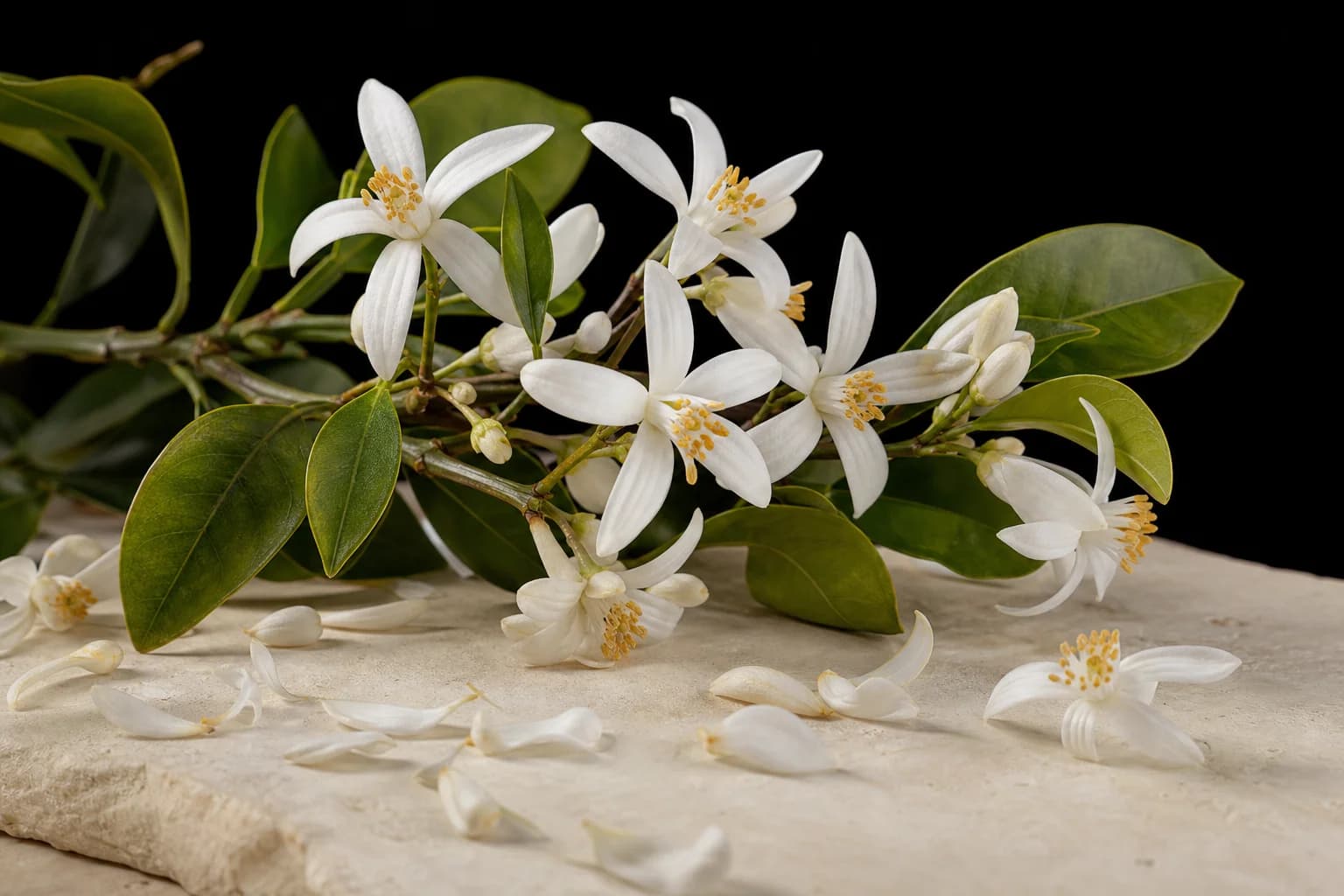 Bitter orange blossoms and scattered petals on ivory limestone