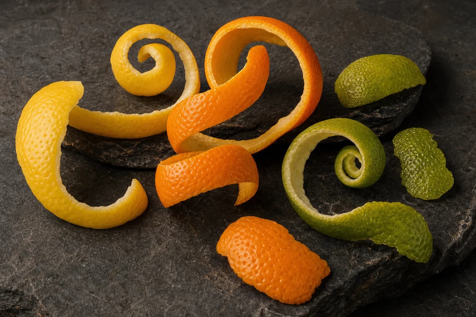 Mixed citrus peels arranged as a sculptural accord illustration