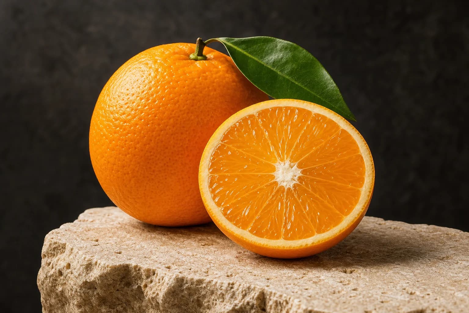 Whole sweet orange and a cut cross-section with a glossy leaf