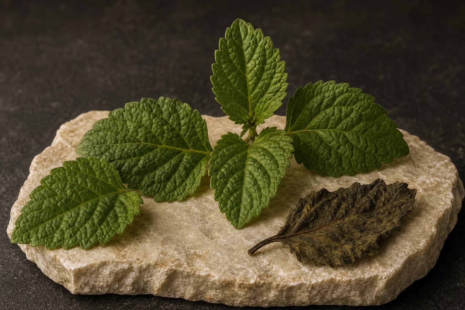 Fresh and dried patchouli leaves with crinkled surfaces