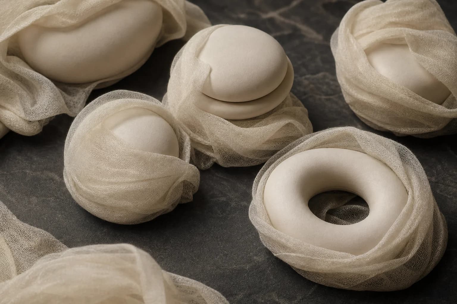 Ivory forms wrapped in cream gauze, an abstract soft musk interpretation