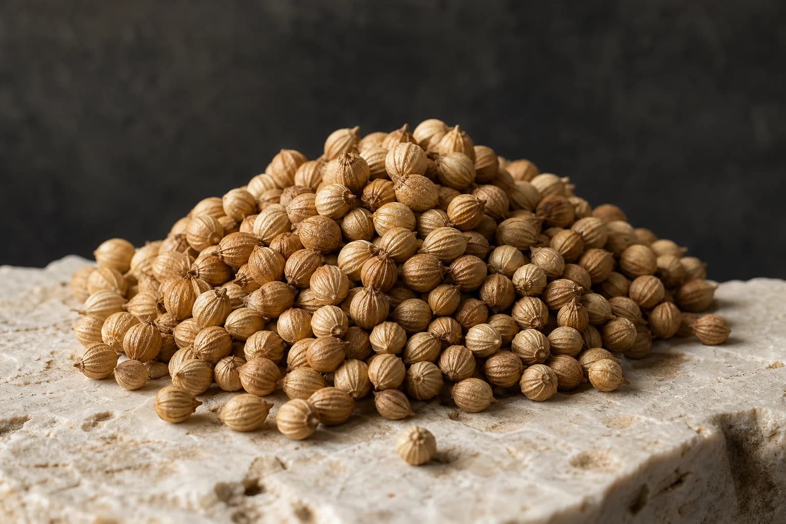 Ridged coriander seeds on warm limestone