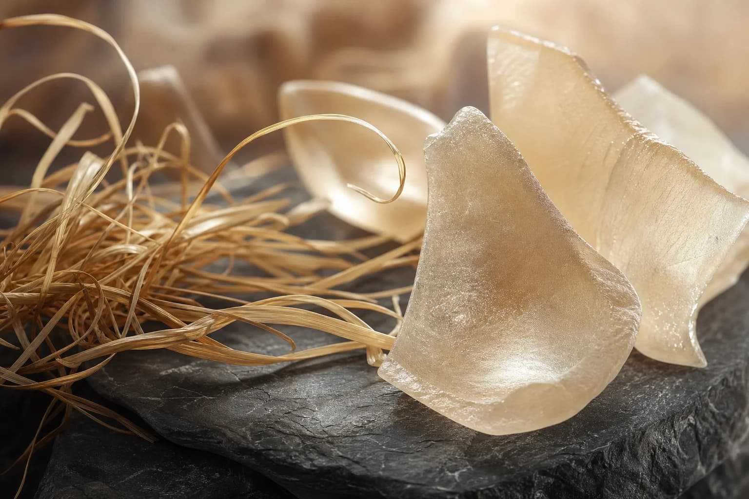 Golden hay and translucent forms illustrating a coumarin accord