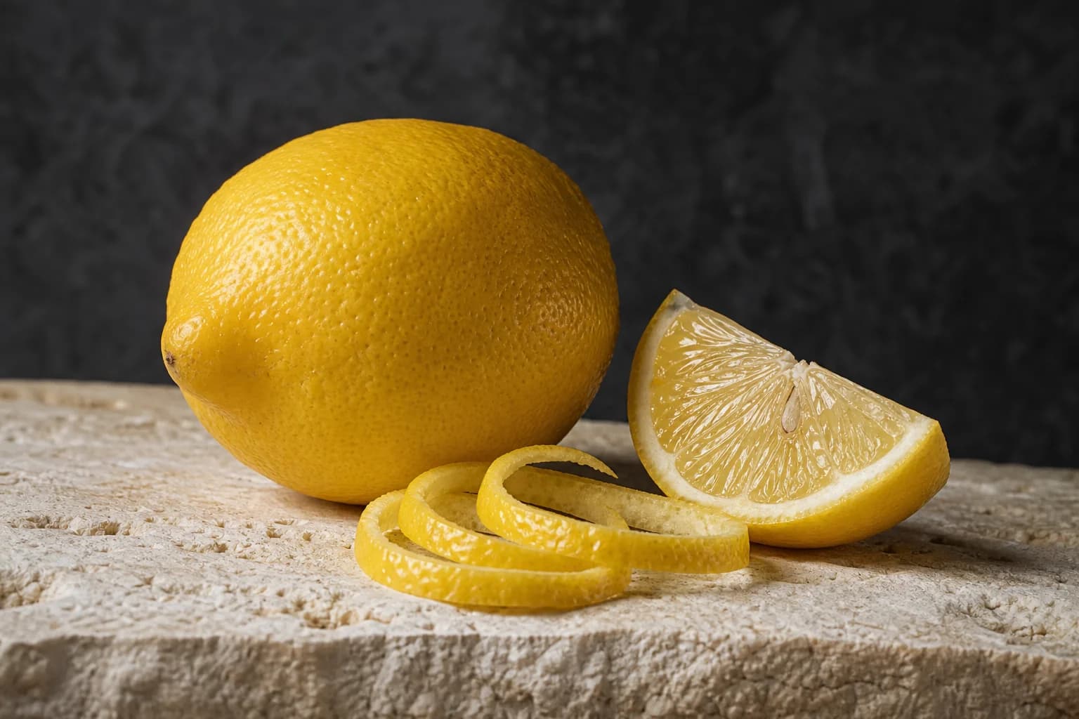 Ripe lemon, a cut wedge and curling zest on ivory limestone