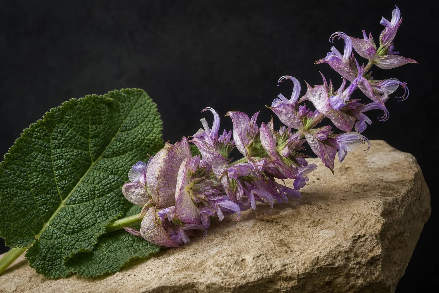 Clary sage flowering stem with pale bracts and textured leaves