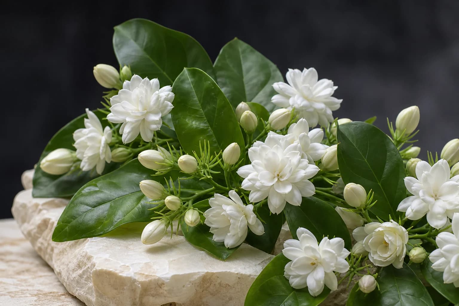 White double jasmine sambac flowers with glossy leaves