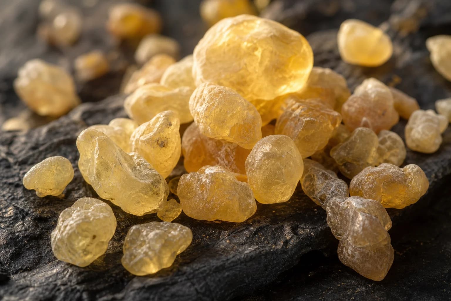Pale golden frankincense resin tears in warm light