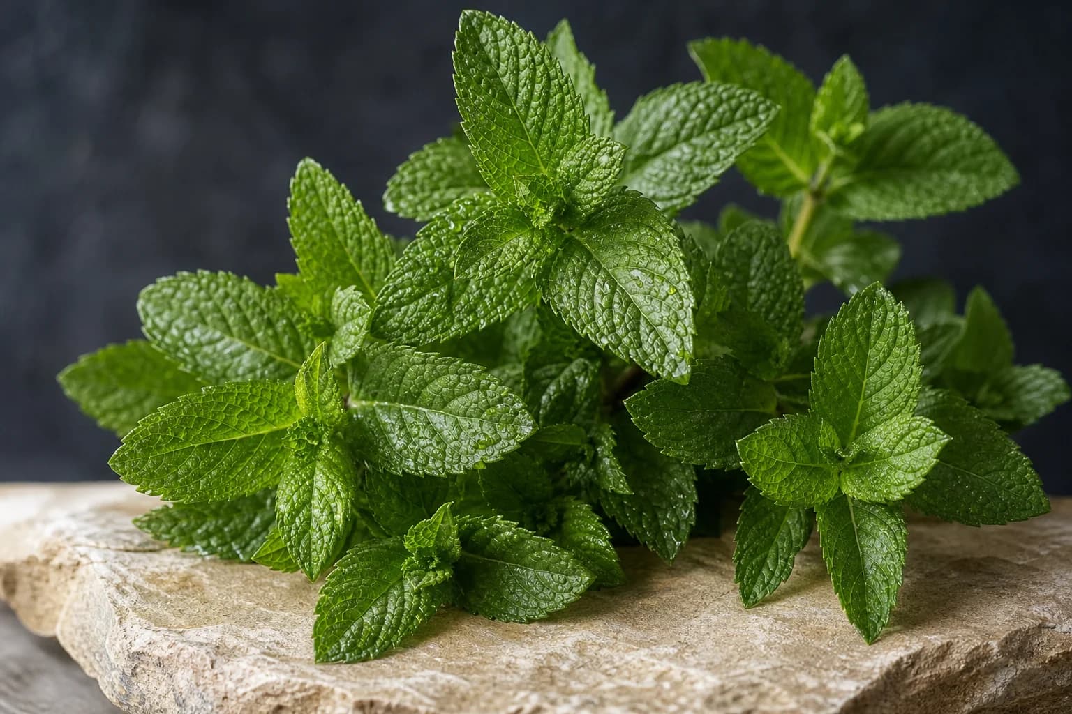 Pointed serrated spearmint leaves on warm limestone