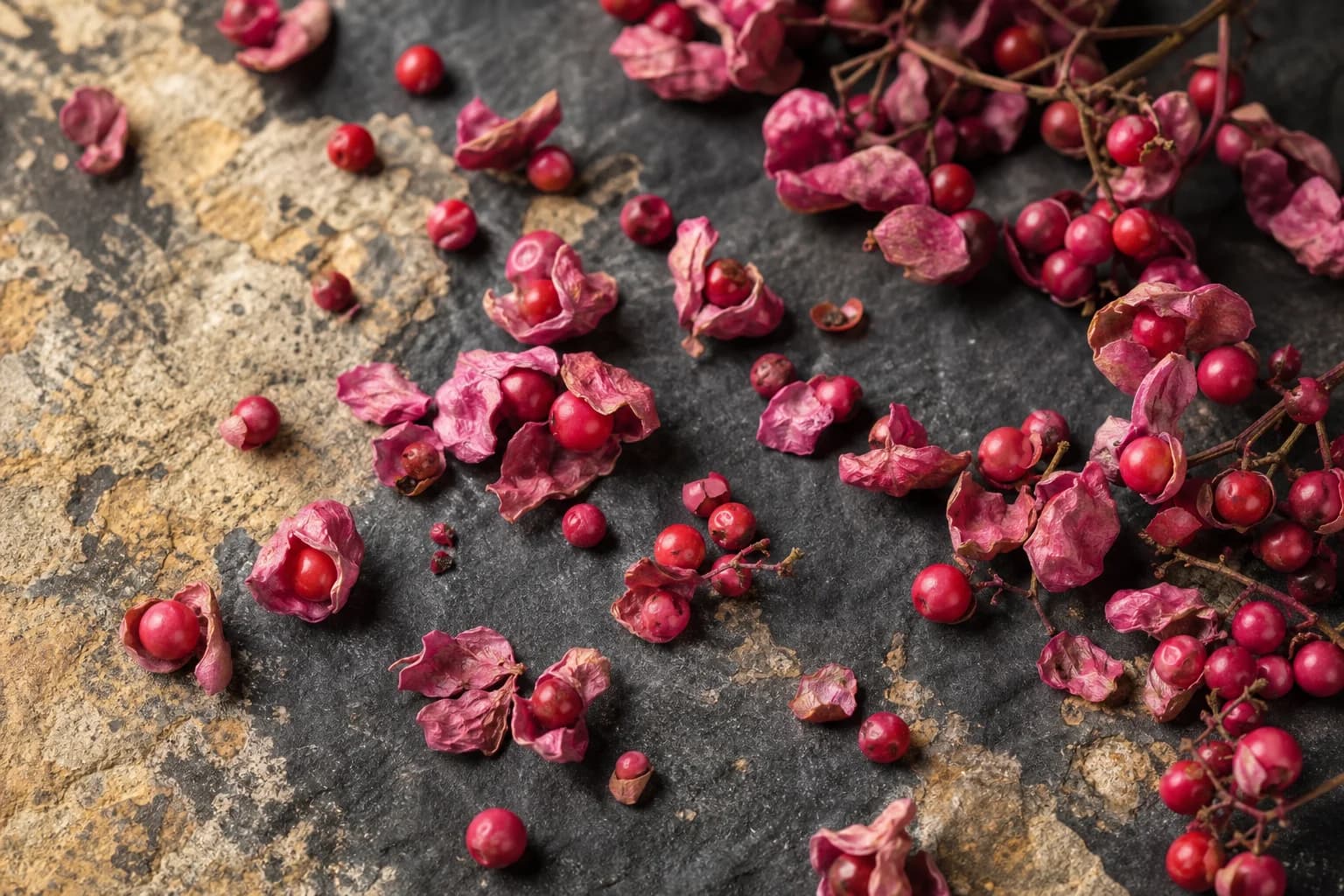 Crinkled pink pepper berries on warm limestone