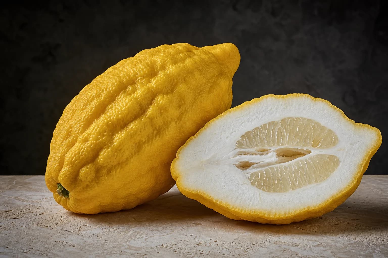 Thick-rinded citron fruit and a cut half showing pale pith
