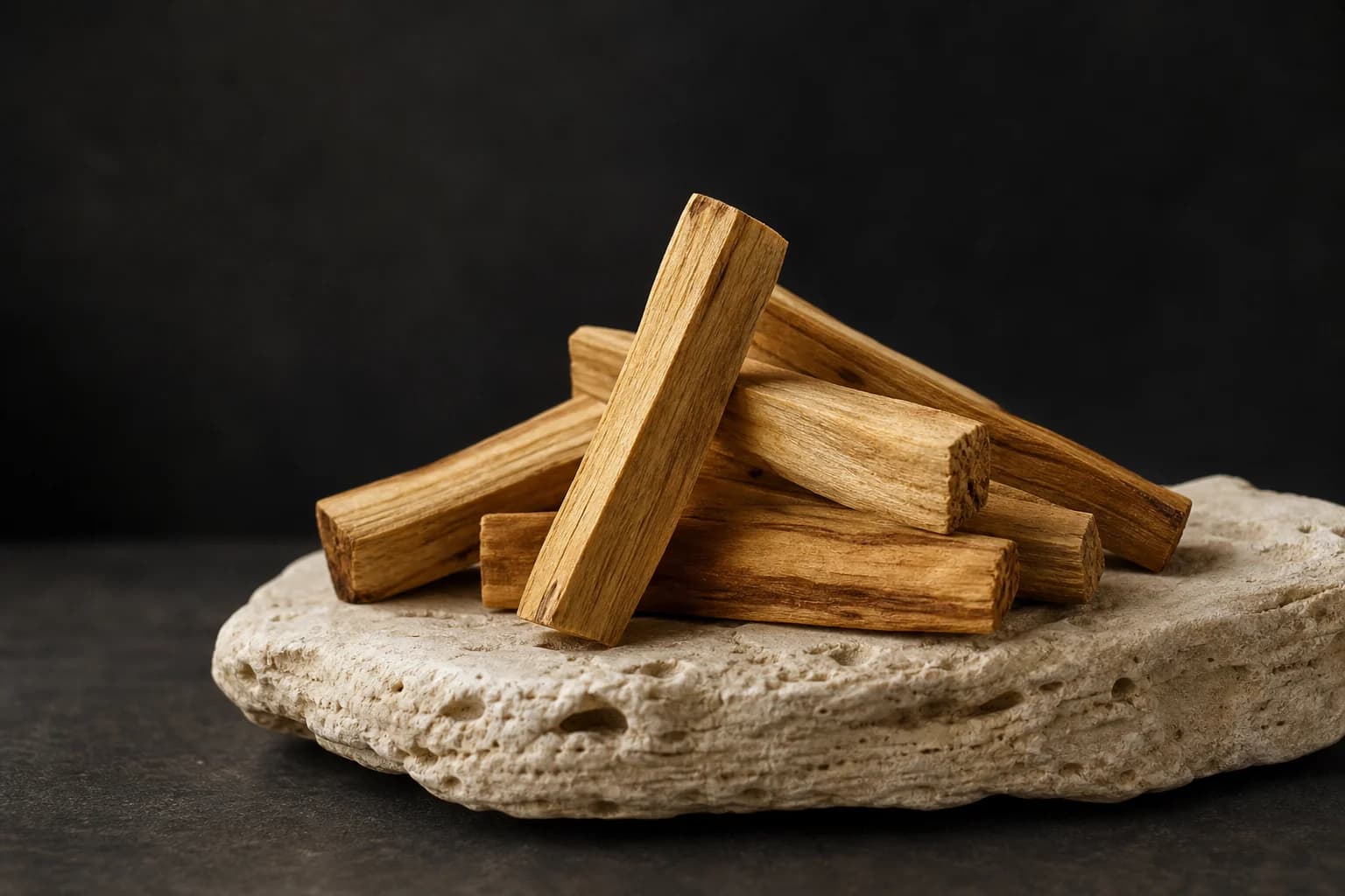 Pale golden palo santo wood sticks in warm light