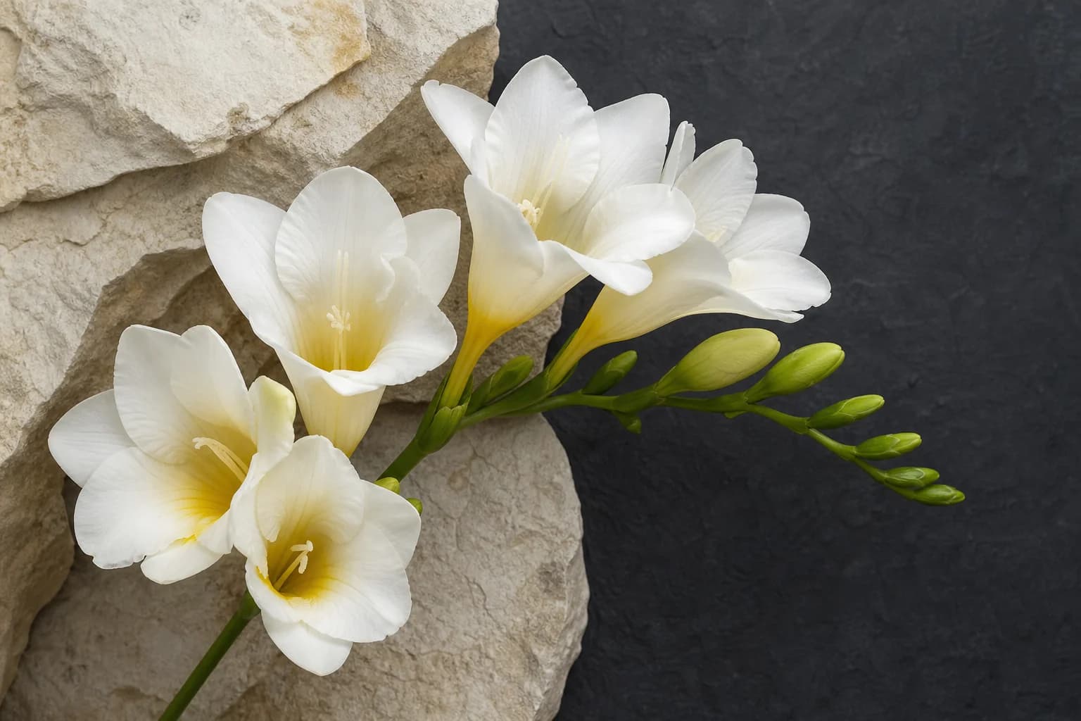 White freesia trumpets with pale yellow throats