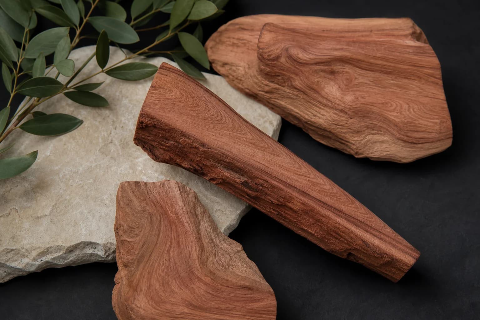 Warm reddish rosewood grain in a botanical timber study