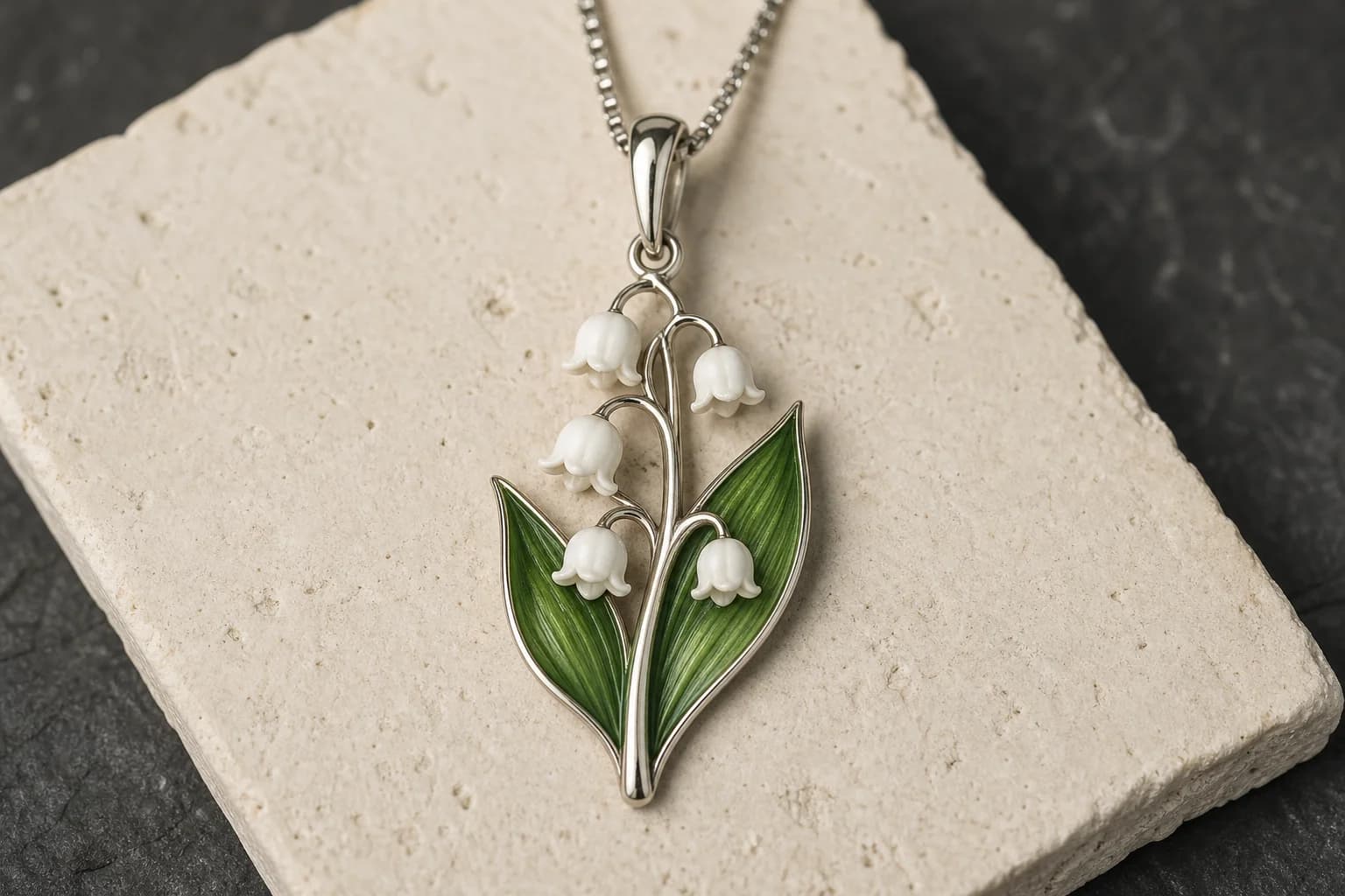 White lily-of-the-valley bells with broad green leaves
