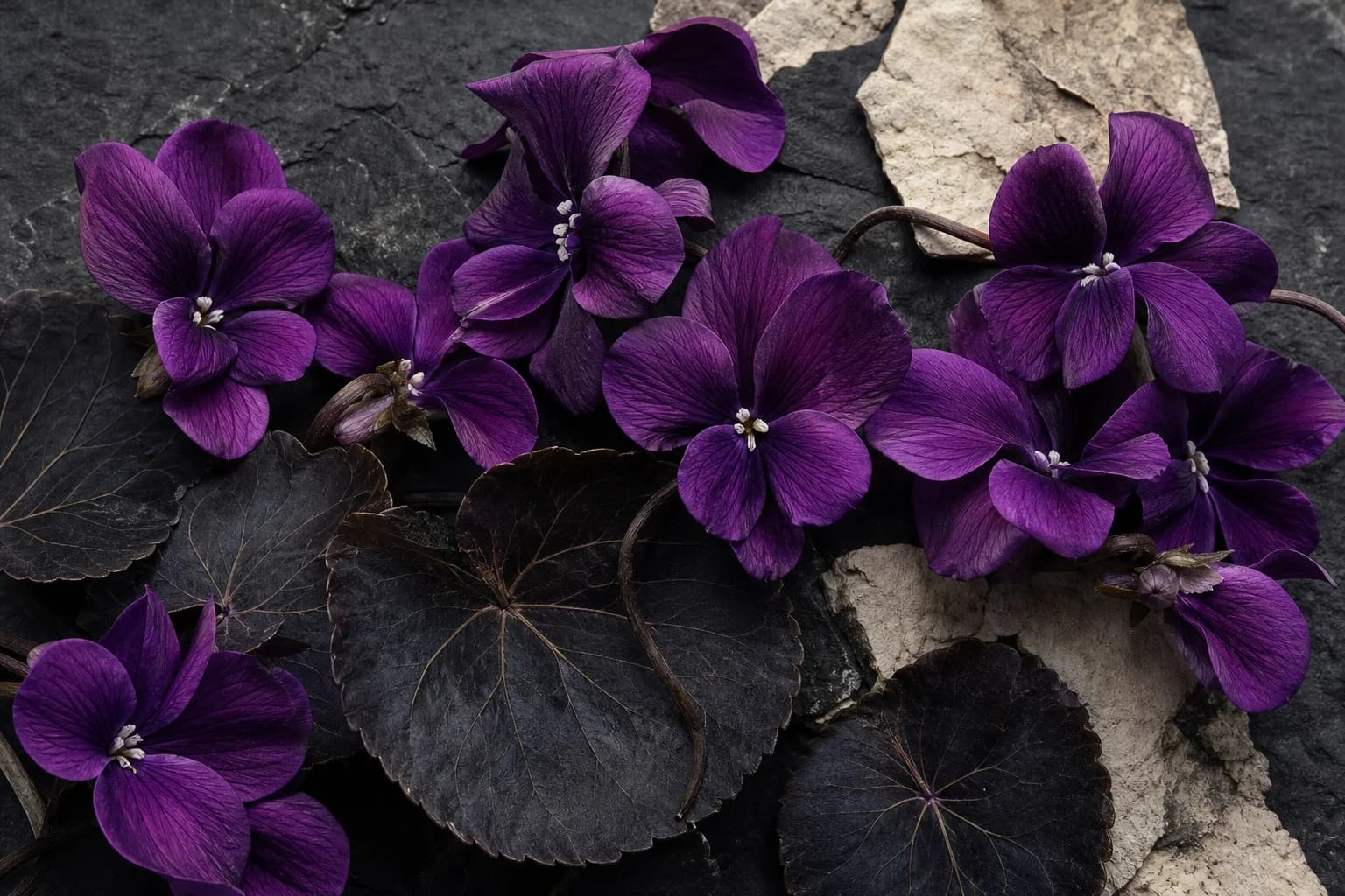 Purple violet flowers and heart-shaped leaves