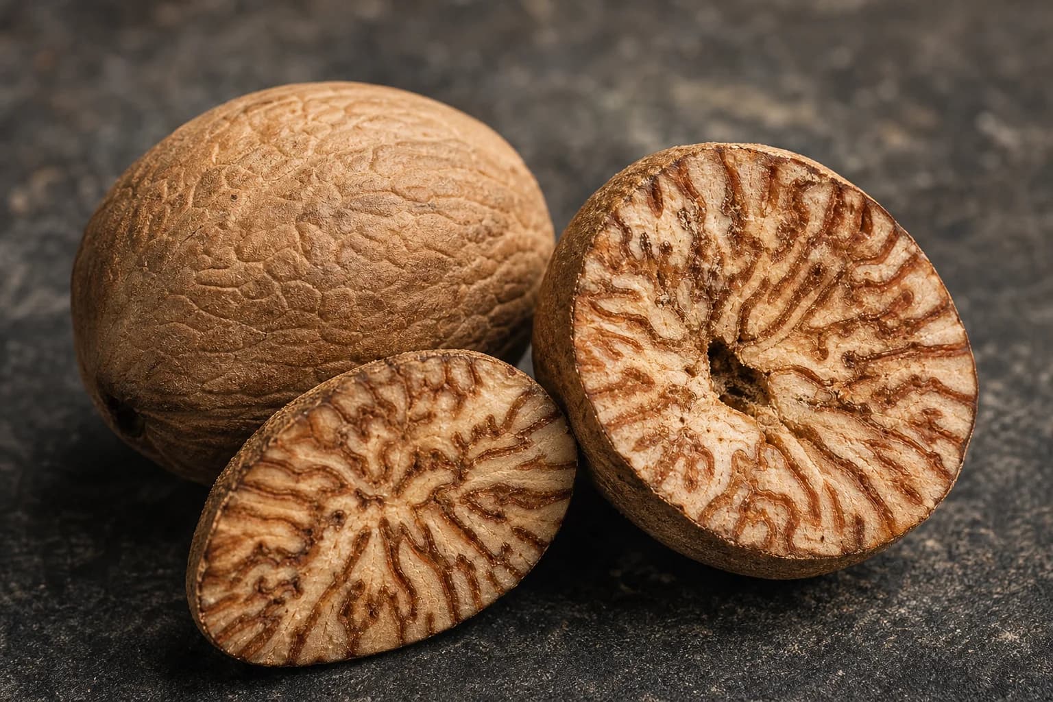 Whole and halved nutmeg with intricate internal grain