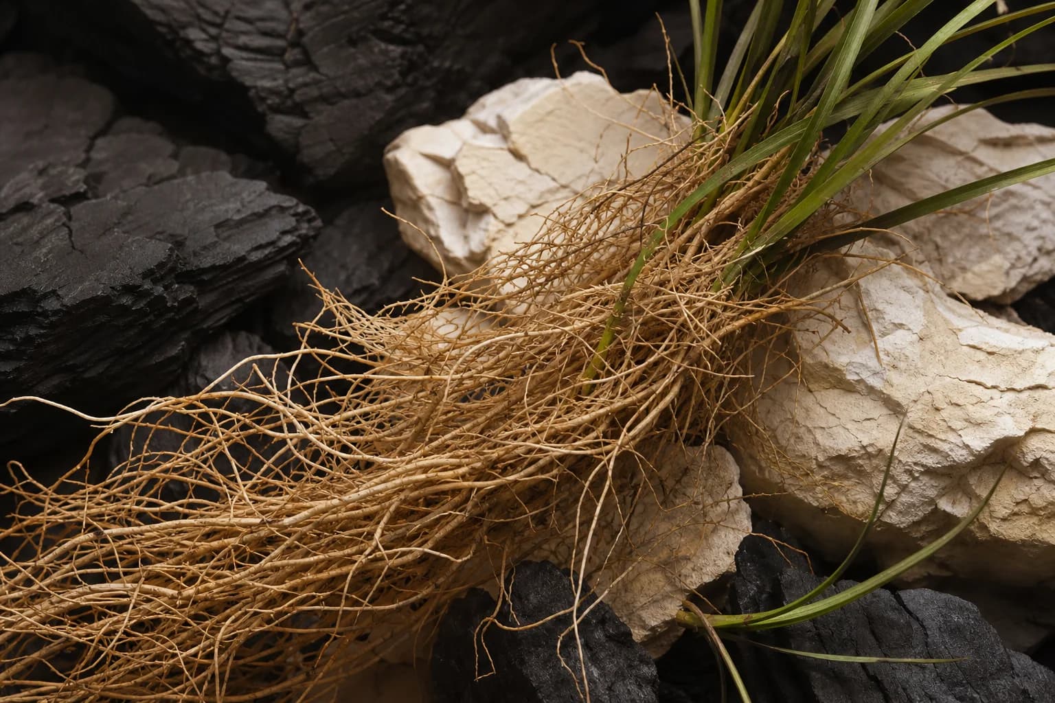 Tangled vetiver roots and slender grass blades